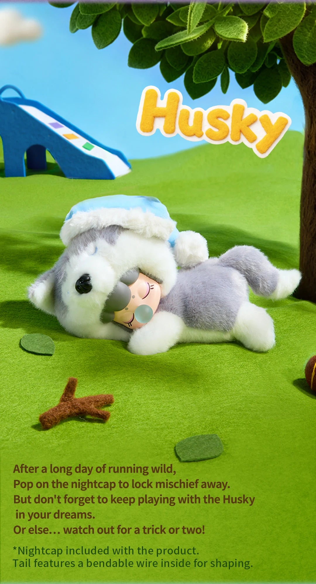 Nanci Puppy Club Husky character graphic showing a grey-and-white plush doll in a pale blue nightcap beneath a tree; text states the nightcap is included and the tail has a bendable shaping wire.