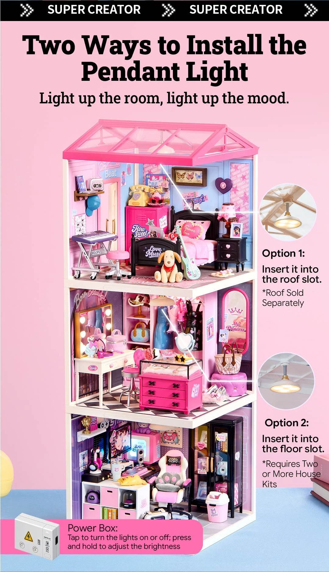Two pendant-light installation options in stacked Super Creator rooms: a roof slot or the floor slot of the room above