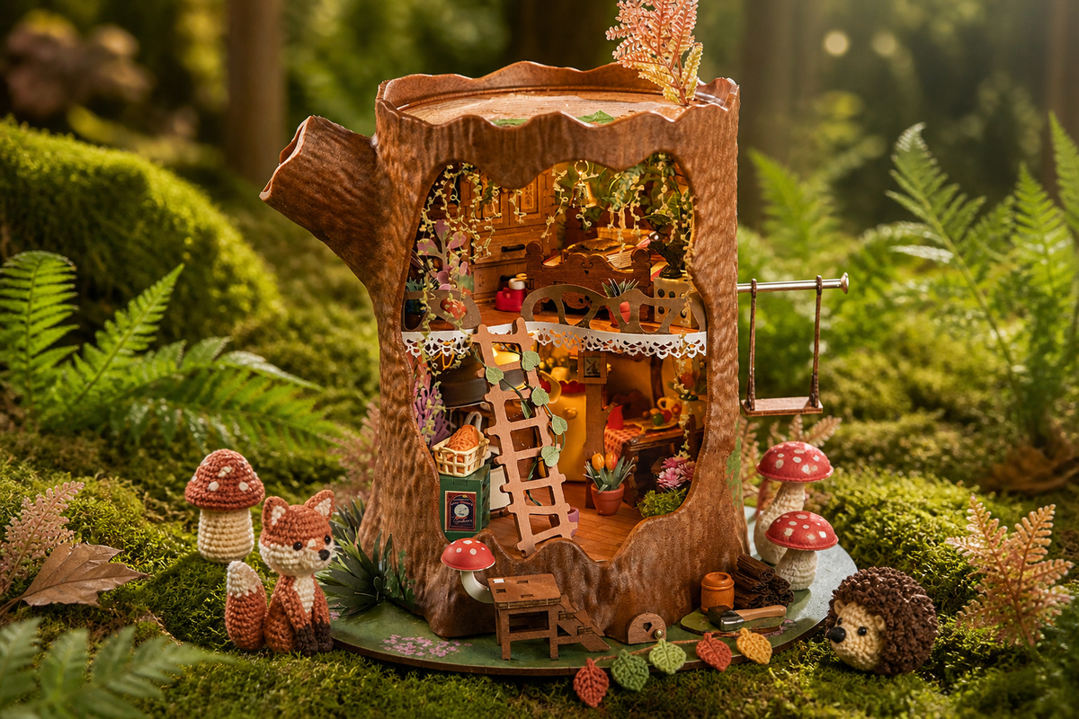 Fairytale Tree House DG179 styled with crochet mushrooms, woodland animals, and nature-inspired crafts