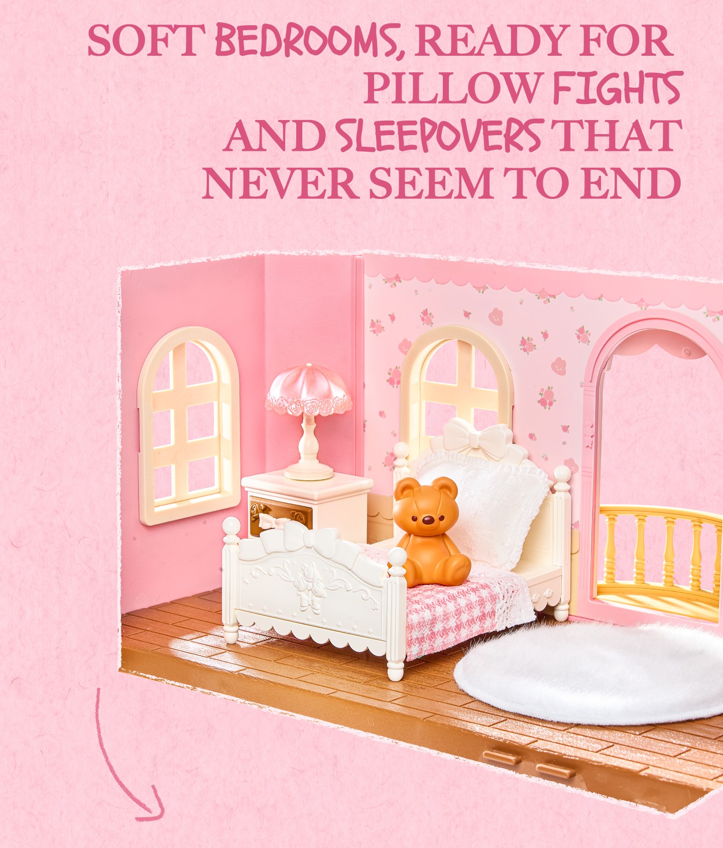 Fairy Rose Cottage bedroom detail with pillow lights, bed, lamp, and teddy bear