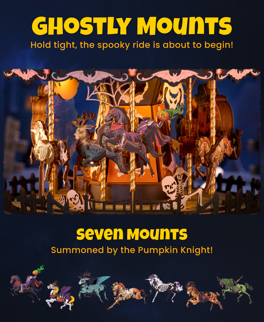 Phantom Waltz detail image showing Hidden Quirks and Surprises: Explore the carousel to discover playful interactive details, including the green zombie hand, skeleton elements, and other unexpected Halloween touches.