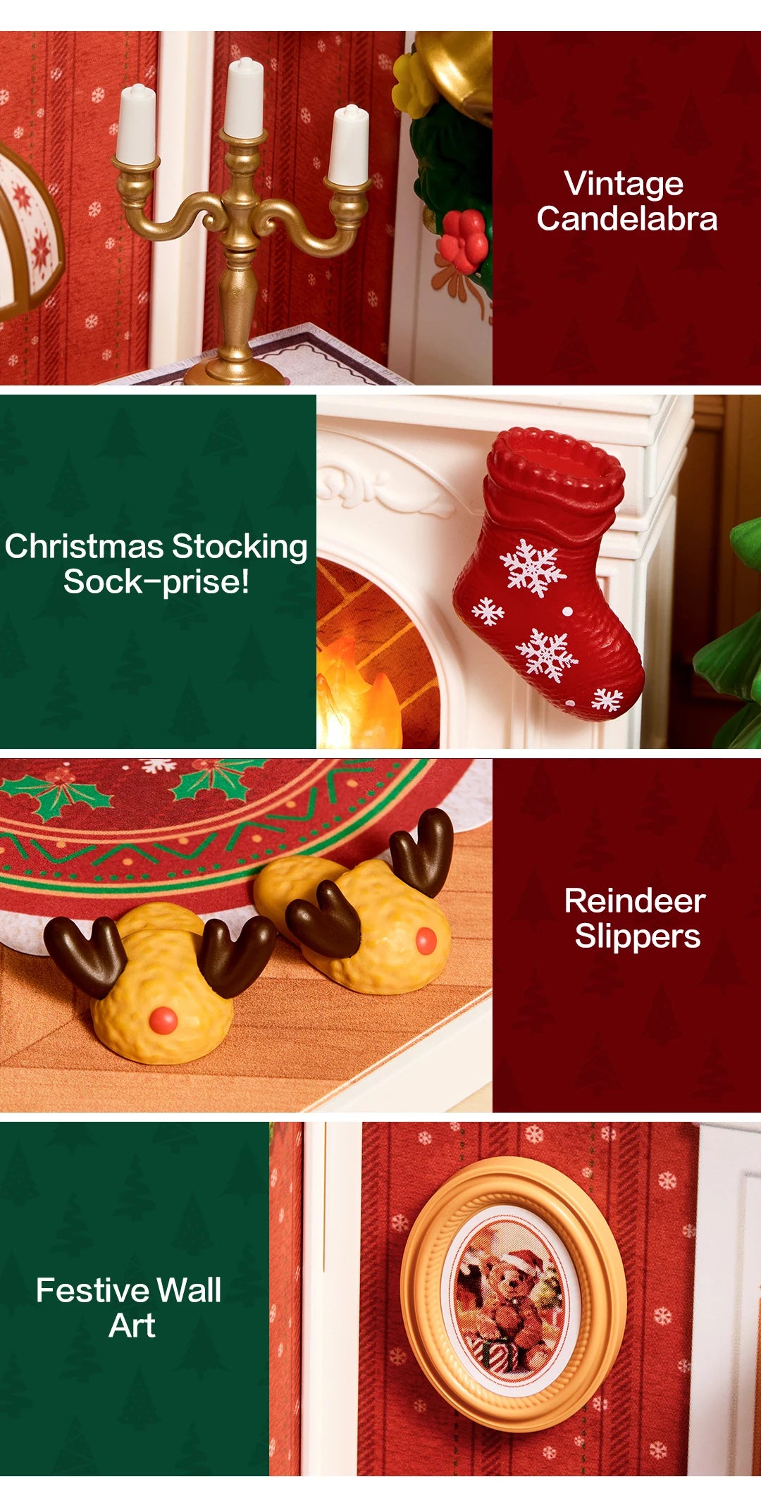 Four-panel detail of miniature Christmas accessories: gold candelabra, red snowflake stocking, reindeer slippers and framed festive wall art.