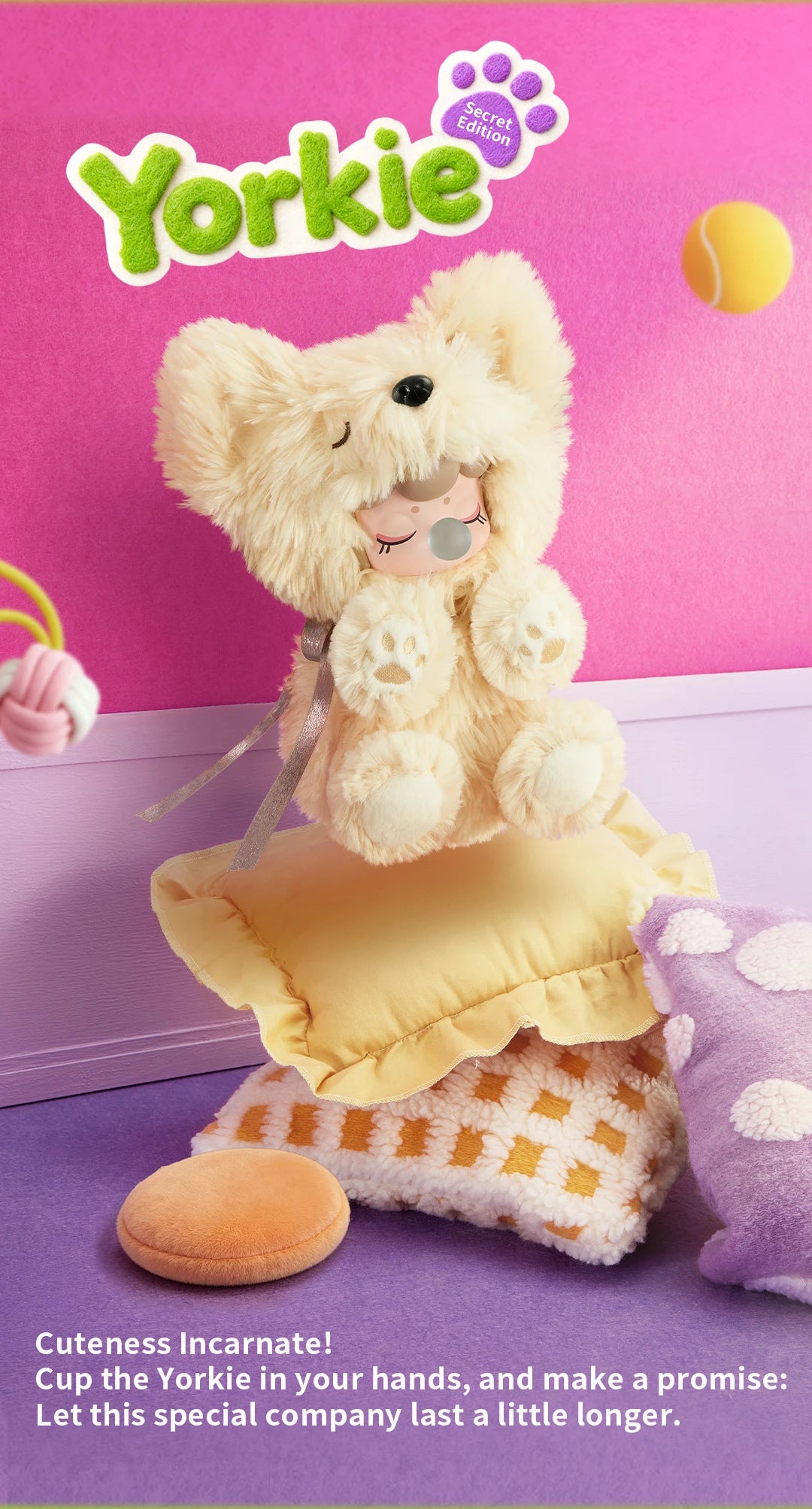 Nanci Puppy Club Yorkie hidden-edition character graphic showing a fluffy cream plush doll with pointed ears, ribbon accents, sleeping Nanci face and blue bubble, seated on a yellow ruffled cushion.