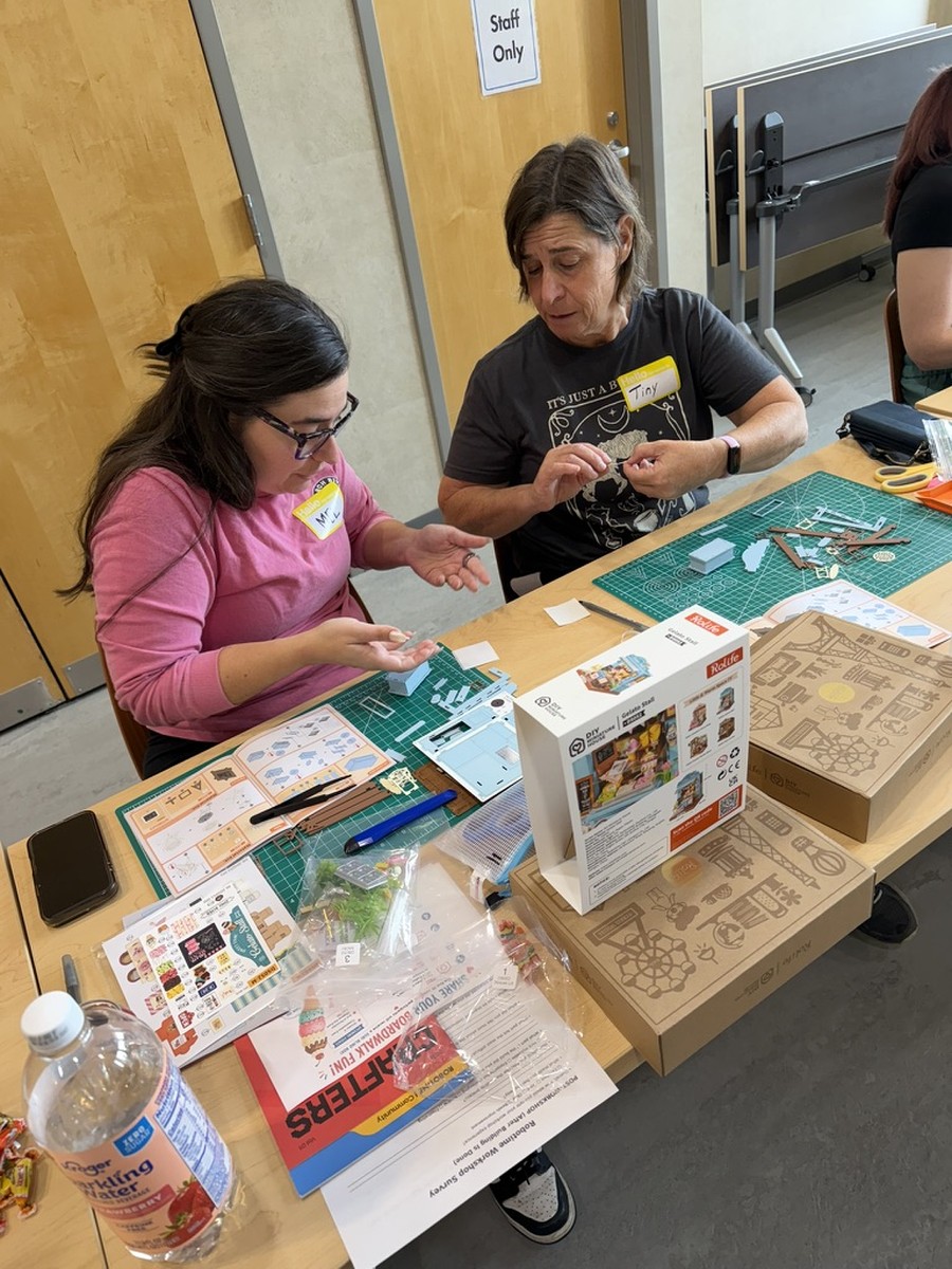 Two makers helping each other assemble a miniature kit in Fishers