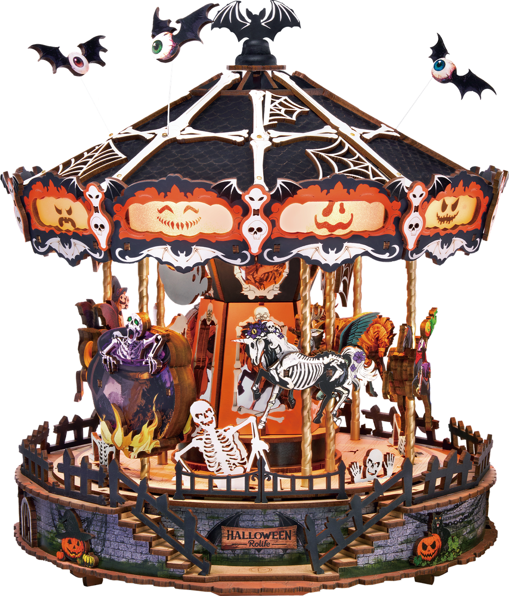 Complete Rolife Phantom Waltz AMS04 Halloween carousel with pumpkins, skeletons, bats, and ghostly riders
