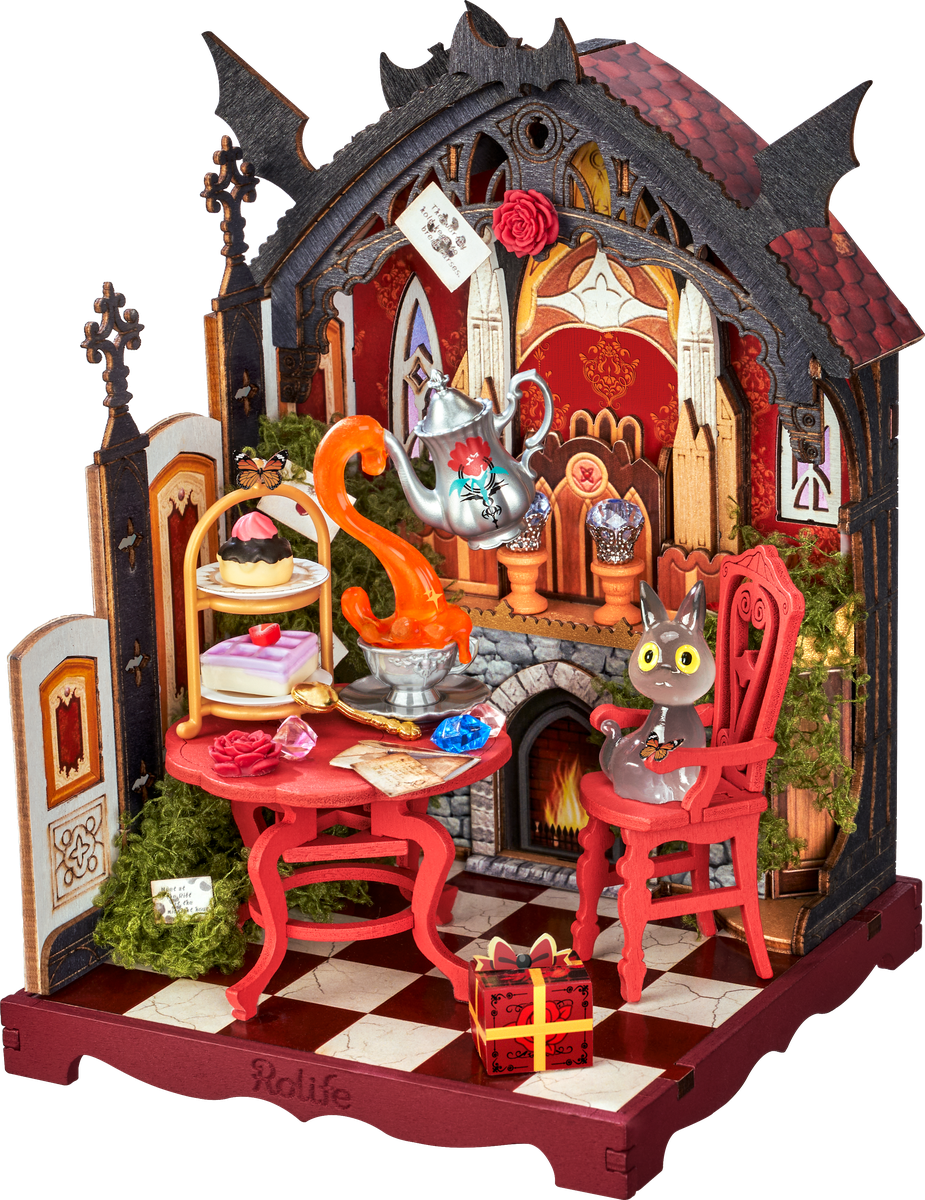 Rolife Rosa Salon DS055 Gothic rose-covered miniature tea salon with a cat and floating teapot