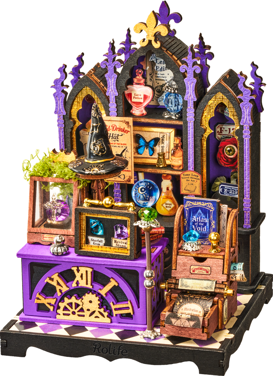 Rolife Curio Corner DS056 miniature room filled with magical artifacts, crystals, books, and a clock