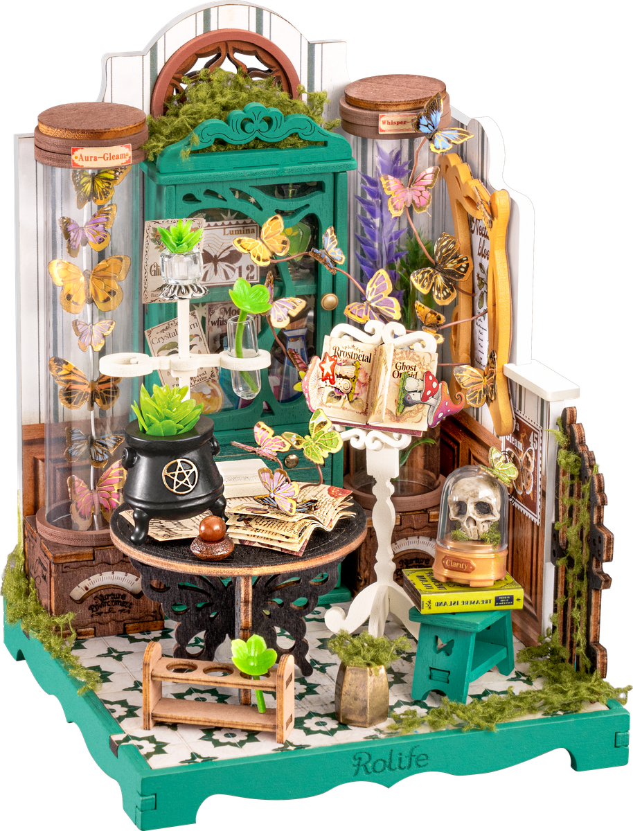 Rolife Potions Workshop DS057 miniature laboratory with herbs, potion bottles, a cauldron, and butterflies