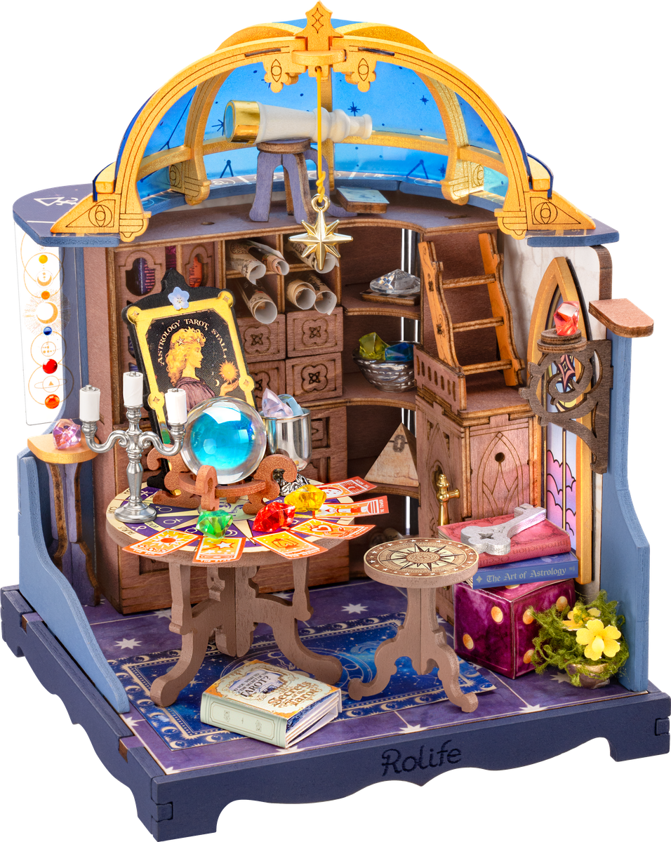 Rolife Astral Dome DS058 miniature divination room with stars, tarot cards, crystals, and a telescope