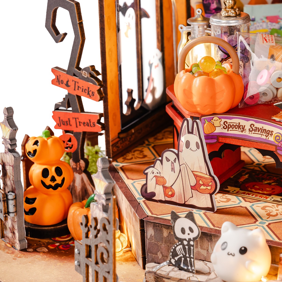 Close-up of Haunted Candy House pumpkins ghosts and miniature candy details