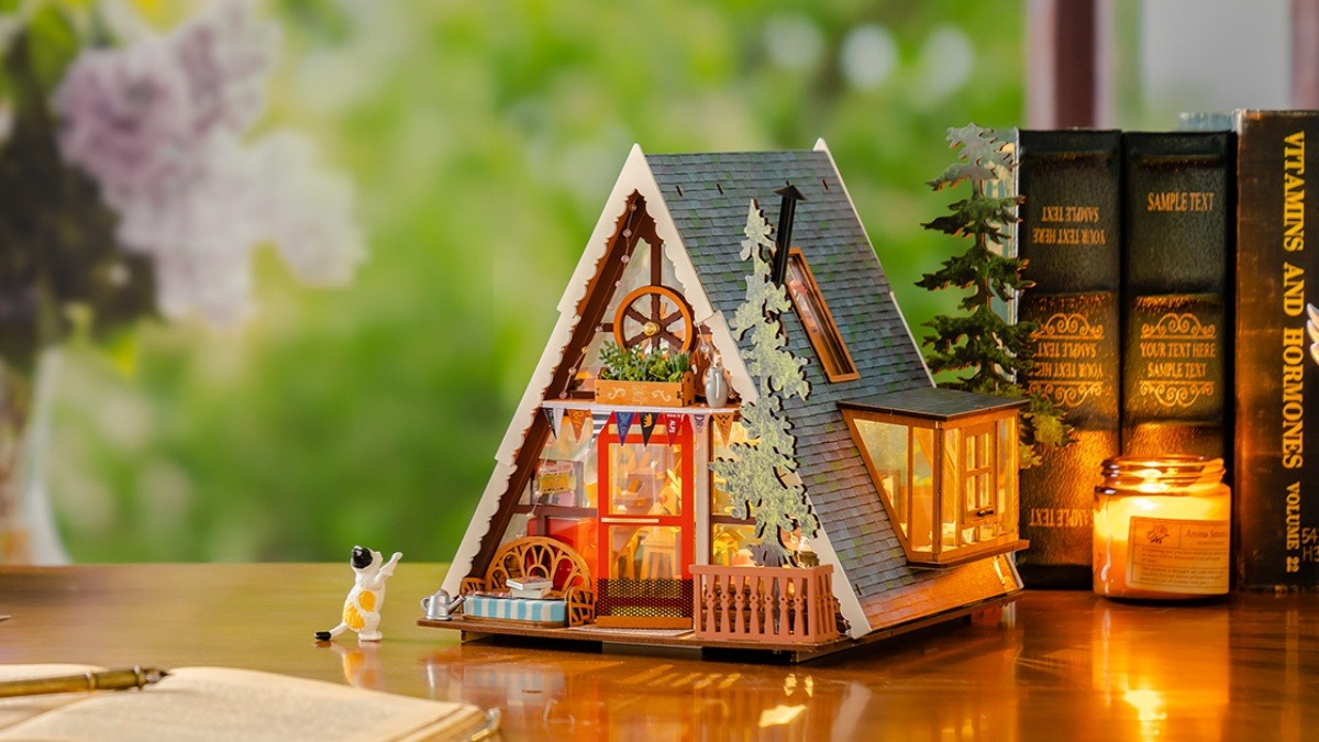 Rolife miniature house staged with warm light for miniature photography