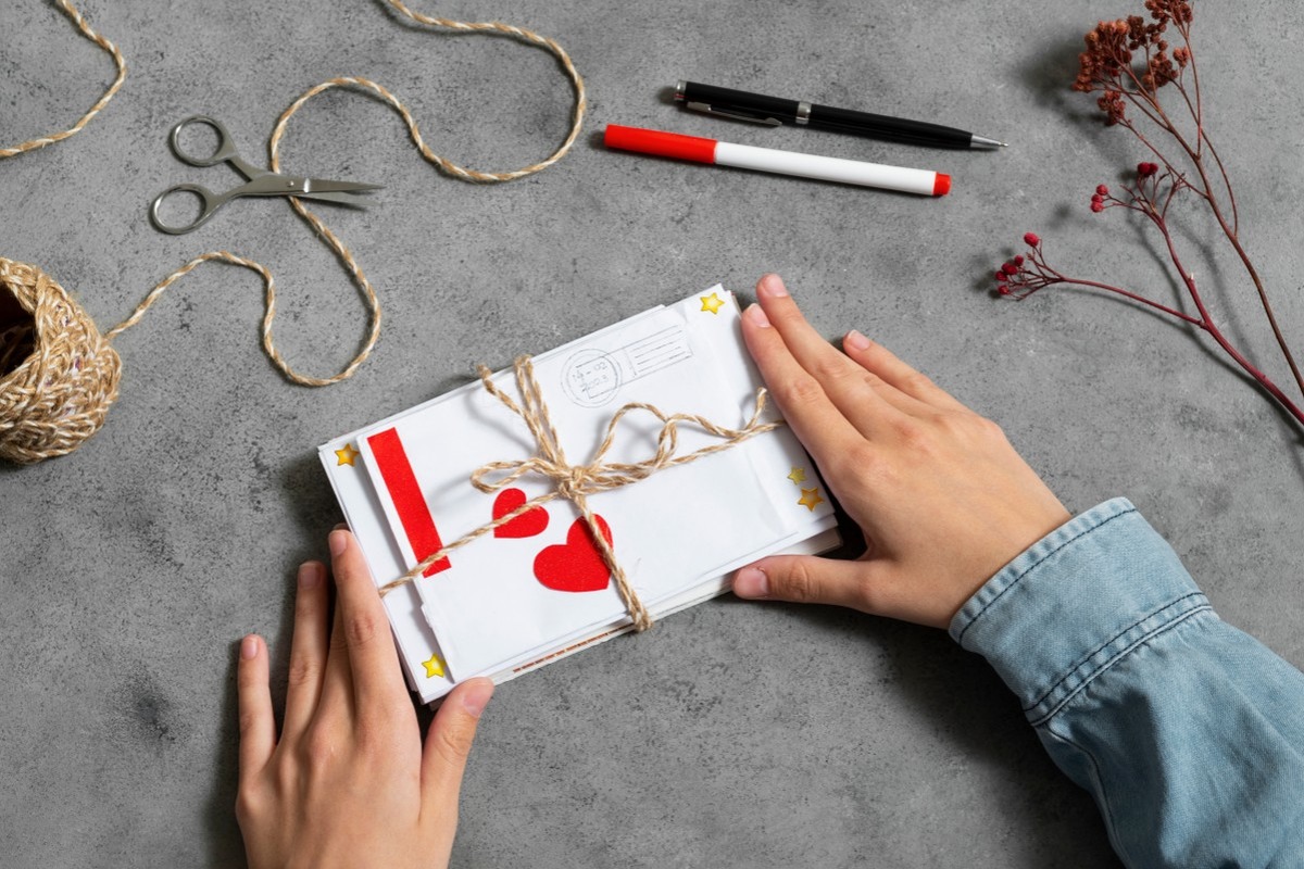 Hands decorating a small scrapbook page with paper and dried flowers