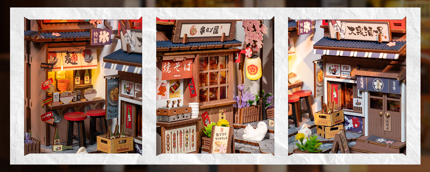 Close-up views of ramen, grill and izakaya storefront details