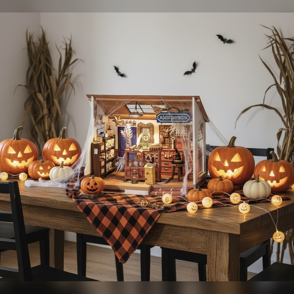 Lilynh Magic Emporium Halloween display surrounded by magical pumpkins