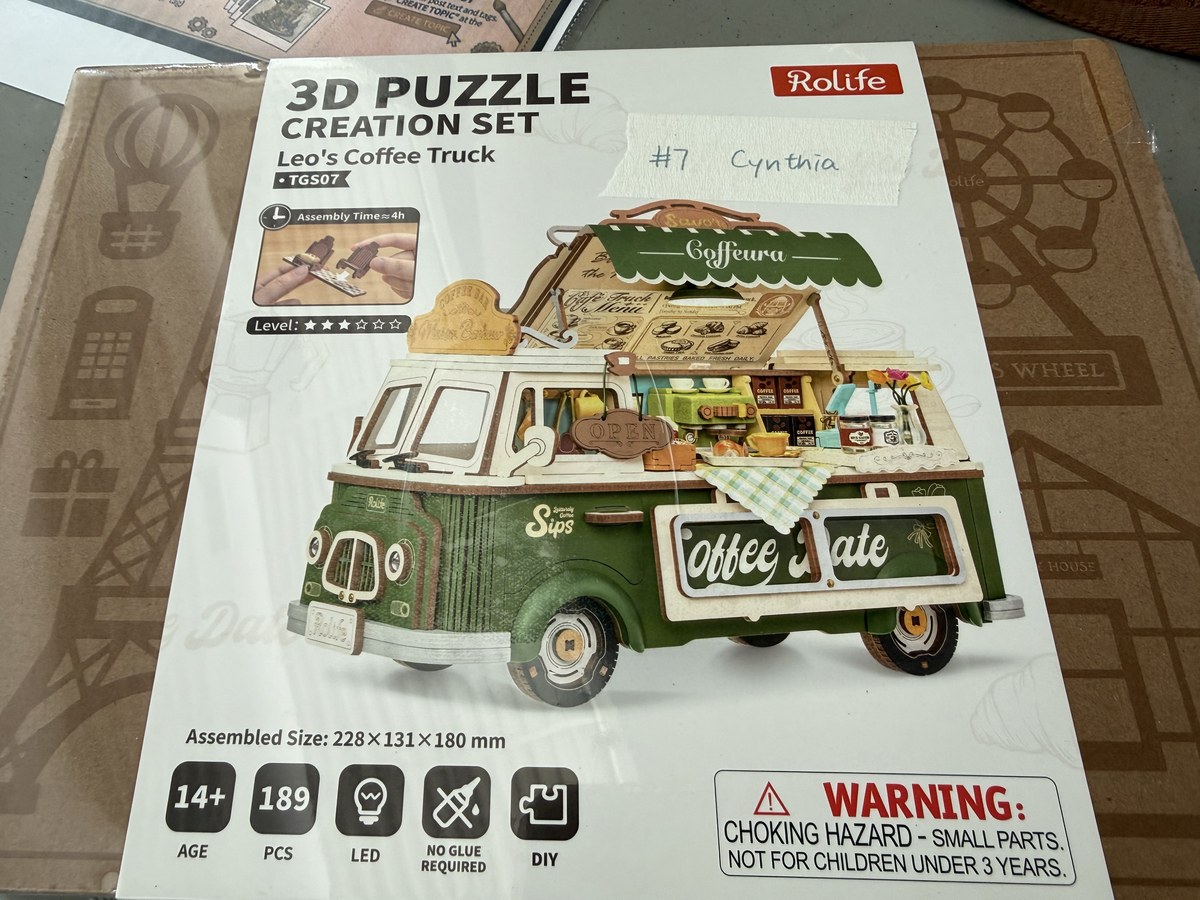 Coffee Truck wooden puzzle kit chosen by a first-time Markham meetup participant