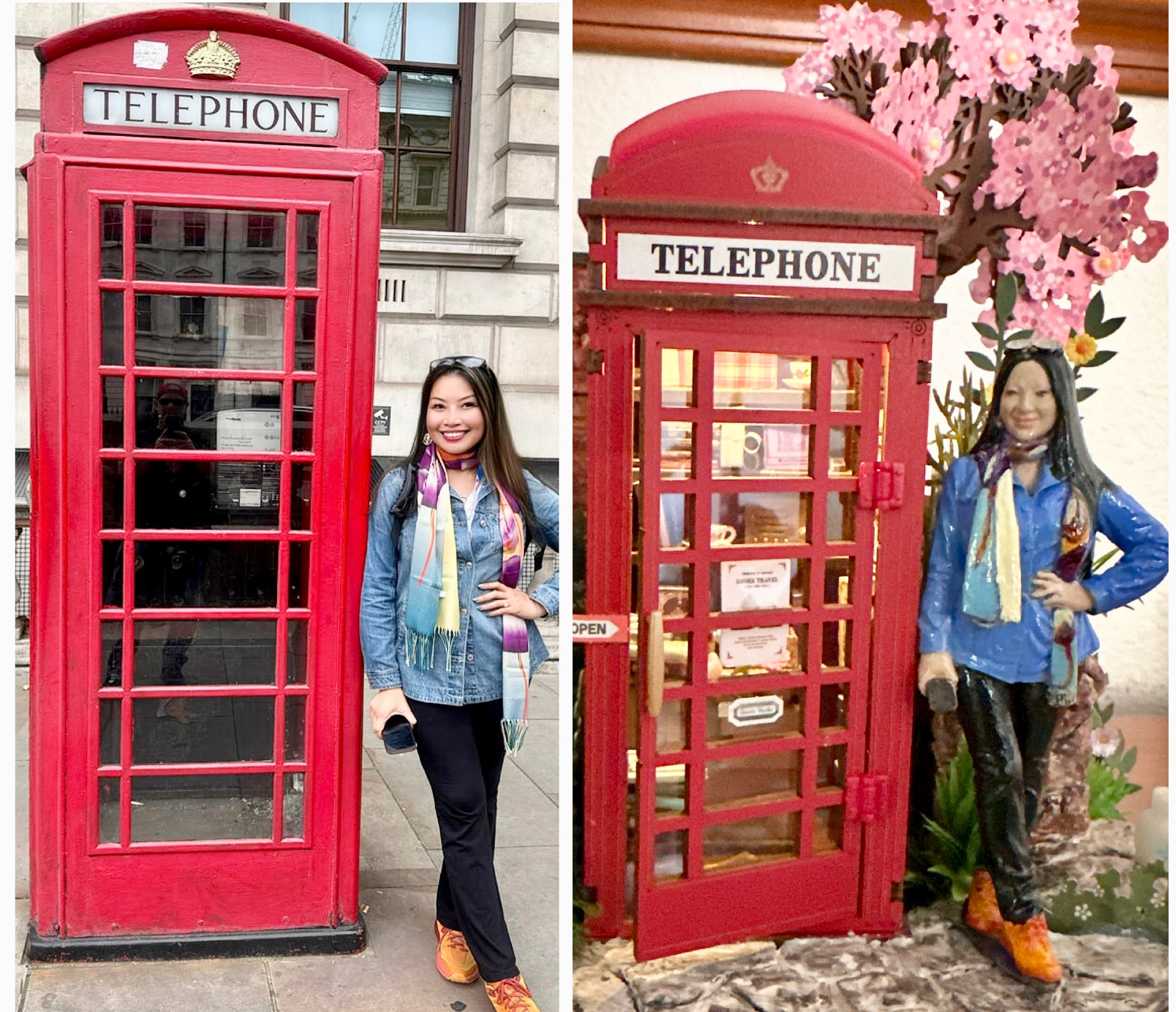 London telephone box travel photo beside mchipman's matching miniature self-portrait scene