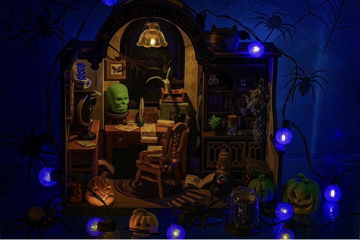 Raffy Magic Study transformed with eerie purple Halloween lighting