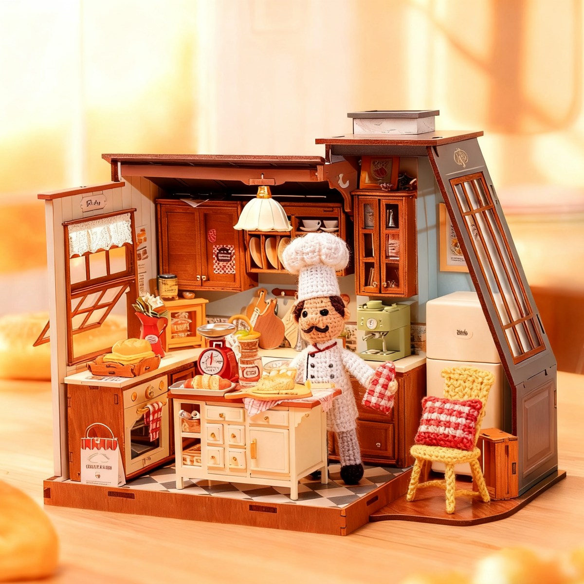 rolife baking kitchen miniature house with crochet cushion and homely cook
