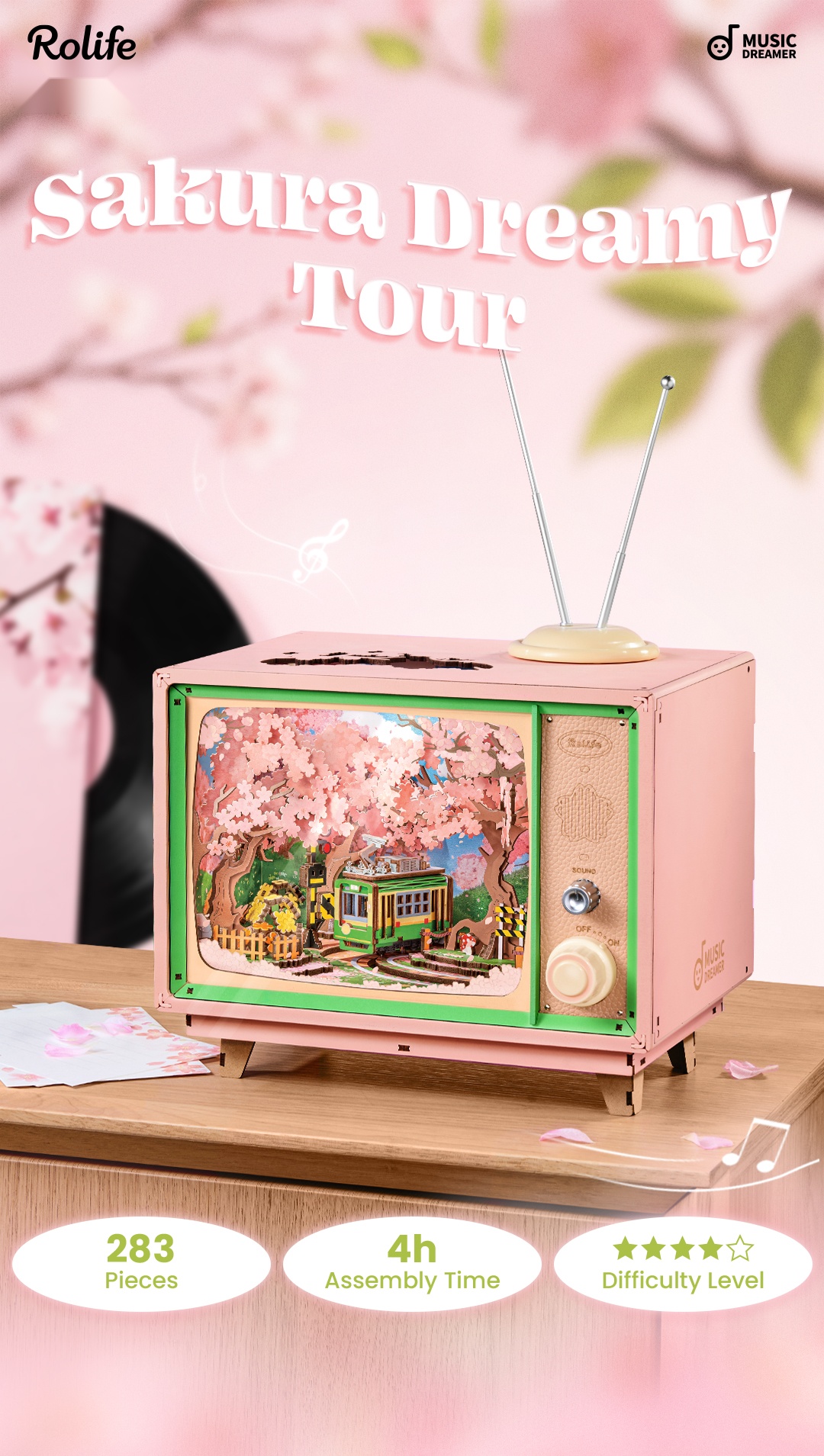 Sakura Dreamy Tour AMT02 overview graphic with 203 pieces, 4 hour assembly time, and difficulty level shown