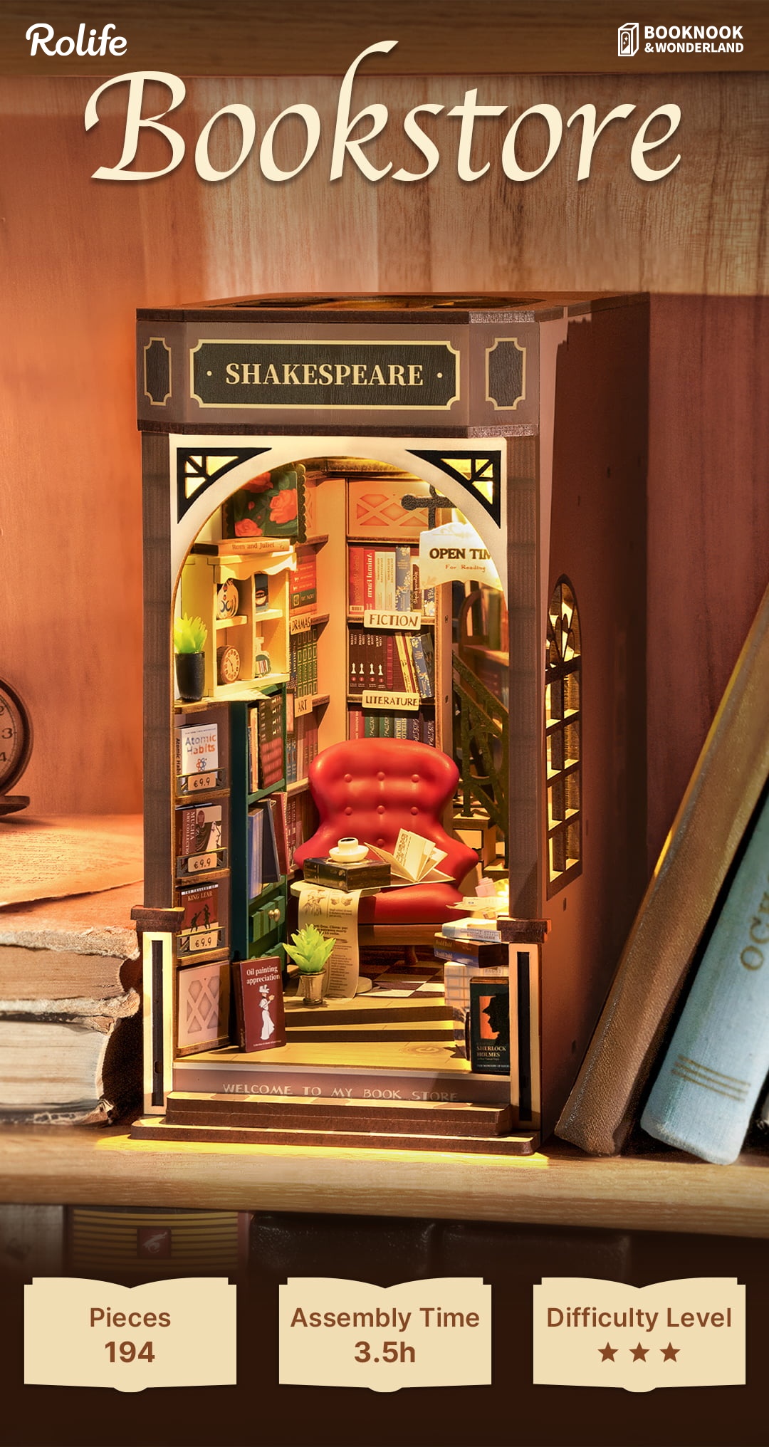 Rolife DIY Book Nook Kit - Bookstore TGB07 overview graphic