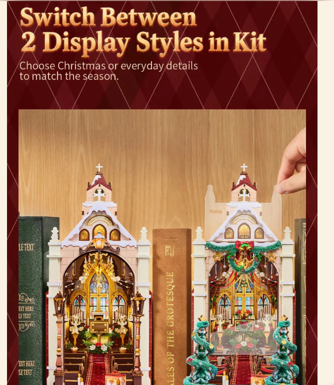 Rolife Caroling Cathedral shown in an everyday cathedral style and a Christmas display style