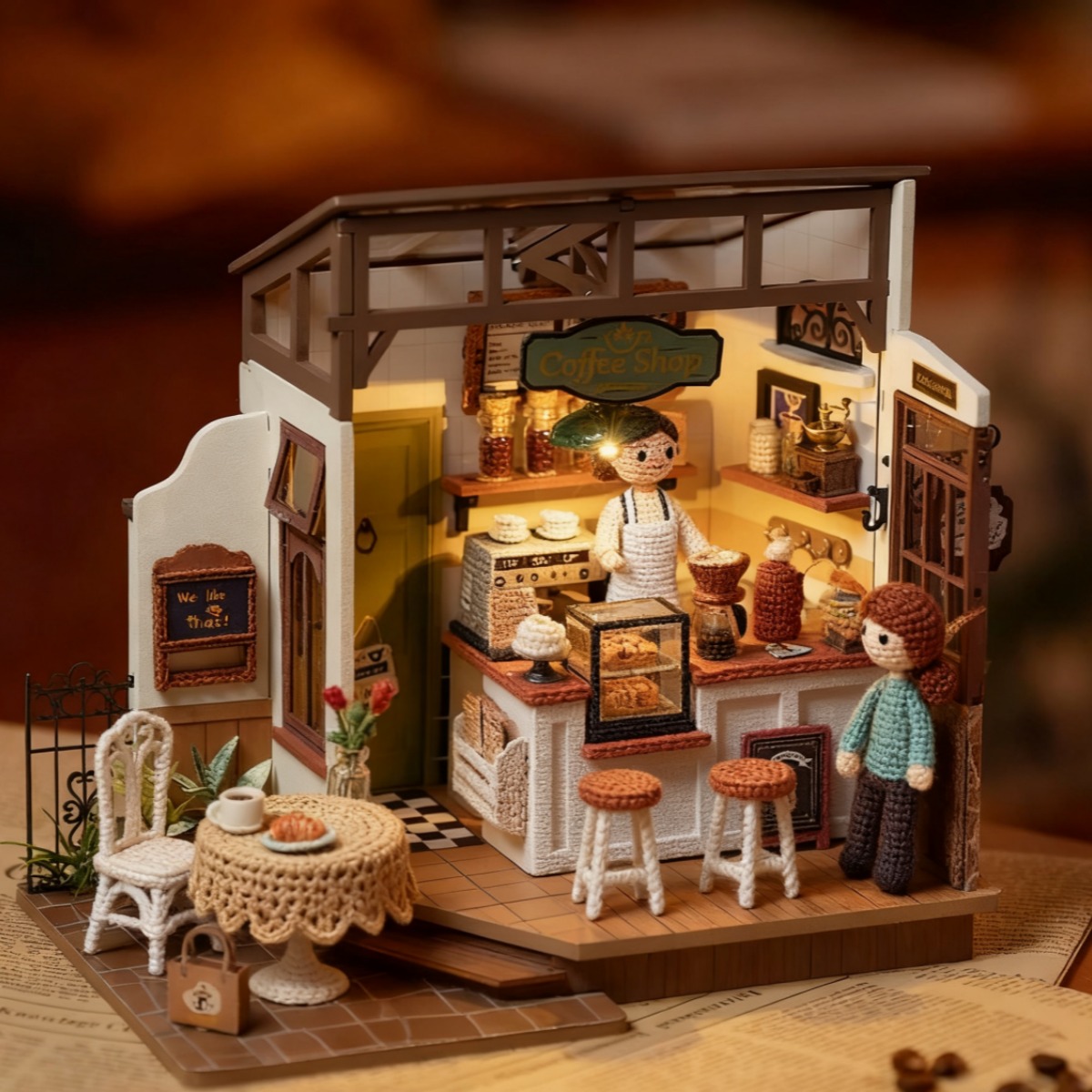 rolife flavory cafe miniature house with crochet decorations