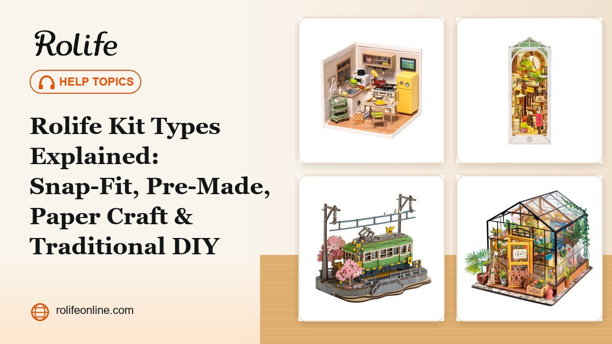 Rolife kit types explained with Happy Meals Kitchen, Sunshine Town, Sakura Journey, and Cathy's Flower House