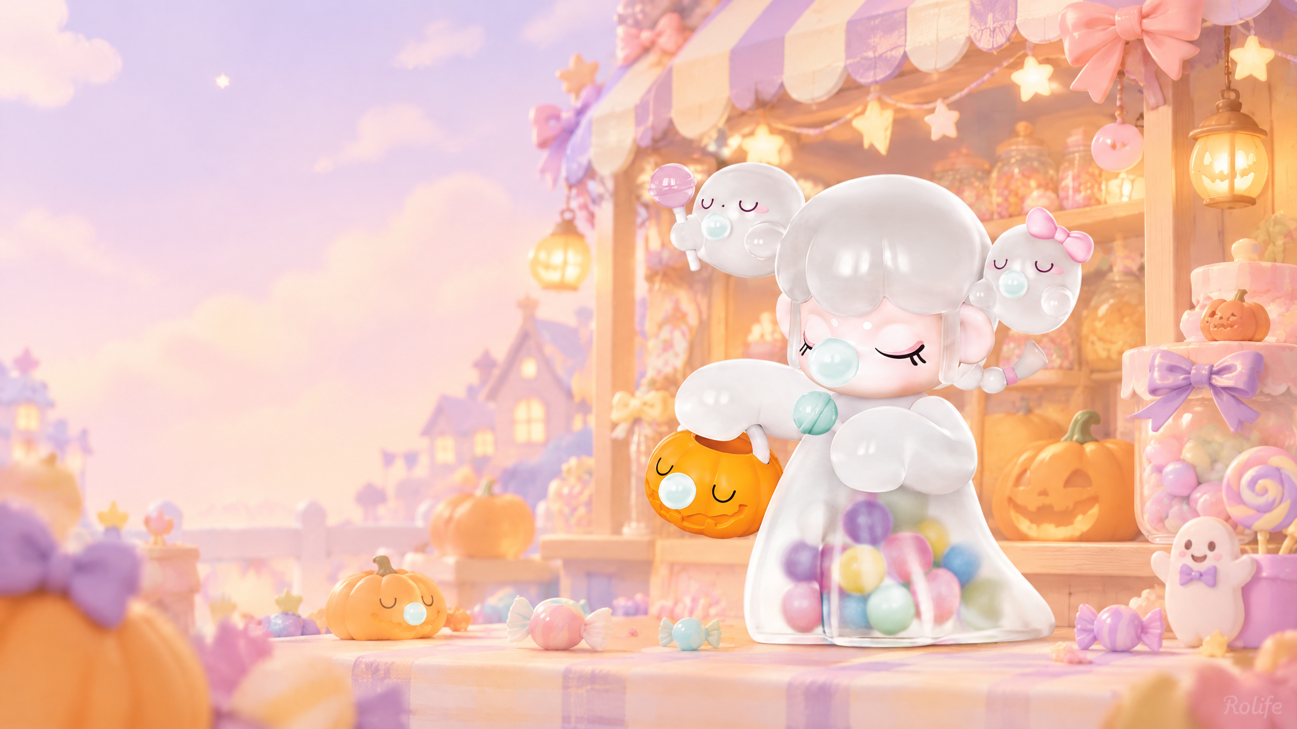 A Nanci ghost with a pumpkin in a pastel candy-shop scene with stars and bows