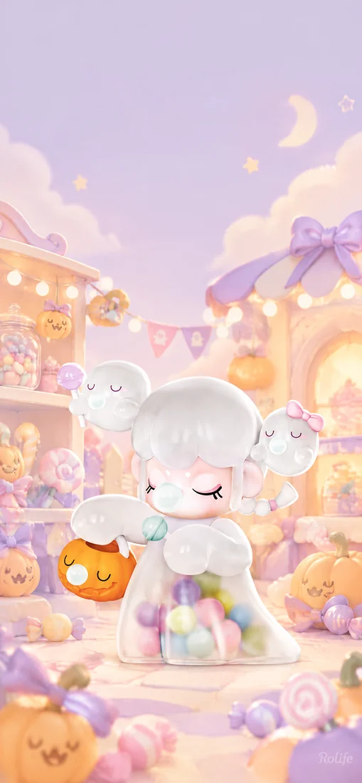 A Nanci ghost with a pumpkin in a pastel candy-shop scene with stars and bows — phone wallpaper