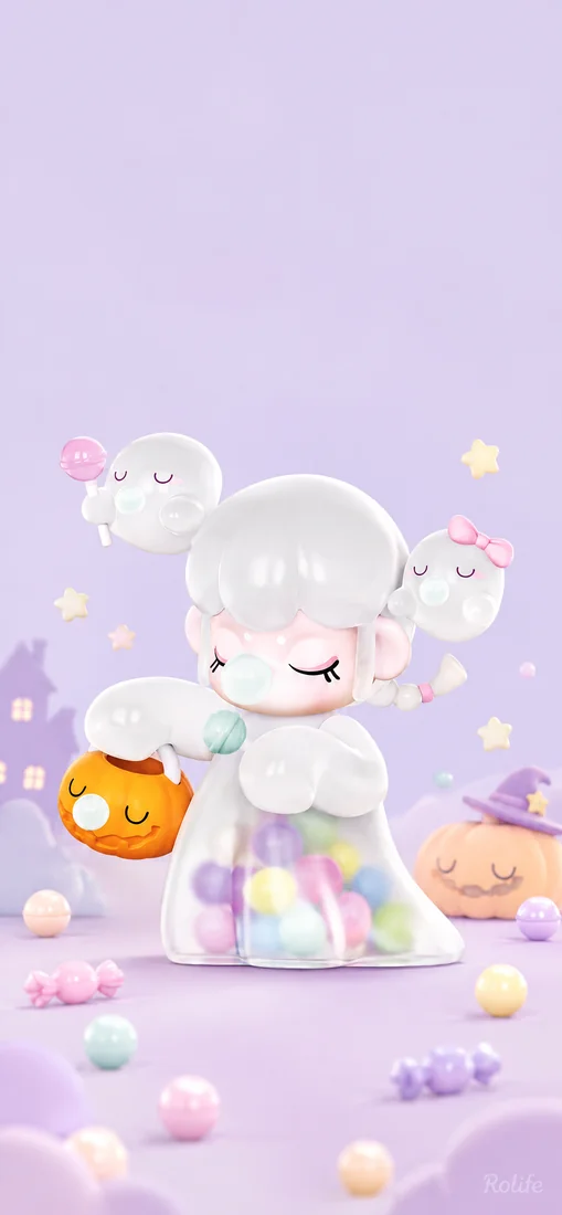 A white-haired Nanci ghost holding an orange pumpkin against a soft lavender background — phone wallpaper