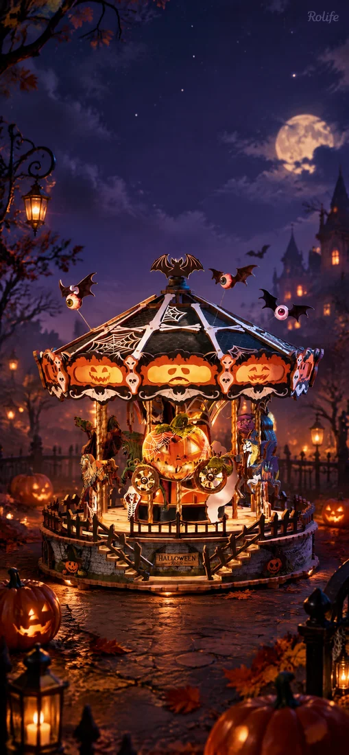 A warmly lit Halloween carousel with pumpkins against a dark castle skyline — phone wallpaper
