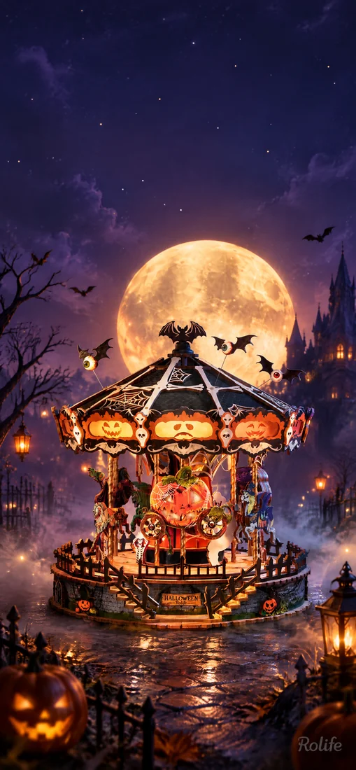An illuminated Halloween carousel with pumpkins beneath a golden full moon — phone wallpaper