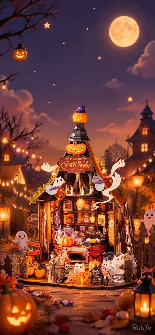 A glowing miniature candy shop with pumpkins and little ghosts on a lantern-lit street — phone wallpaper