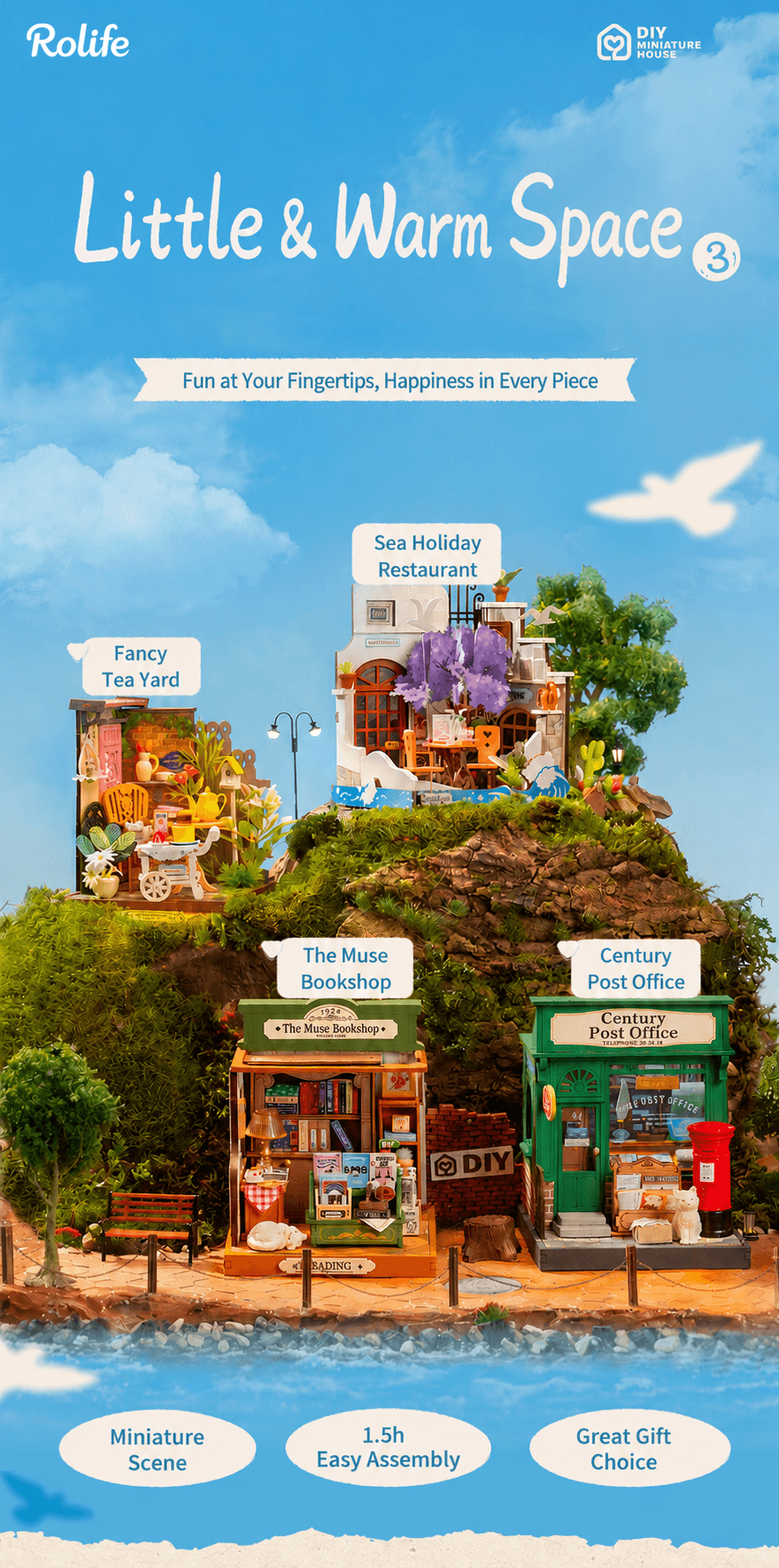 Rolife Little & Warm Space Series3 overview graphic with four miniature scenes and 1.5 hour easy assembly shown
