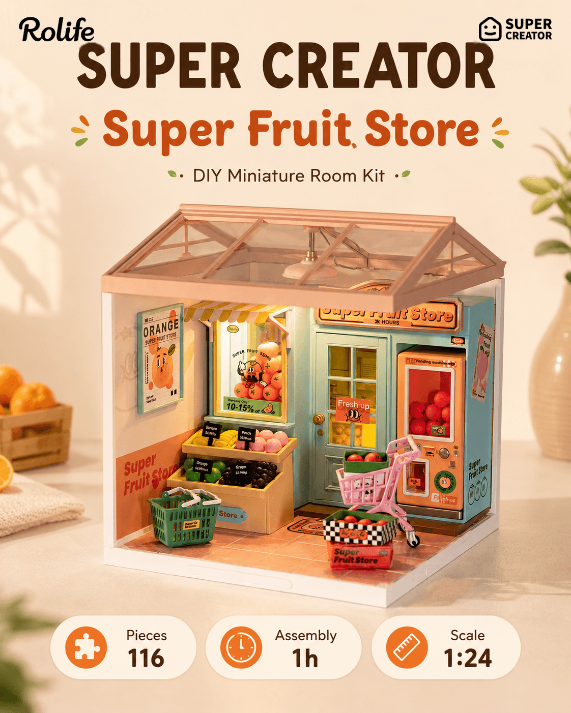 Rolife Super Fruit Store DW003 overview graphic with 116 pieces, 1 hour assembly time, and 1:24 scale