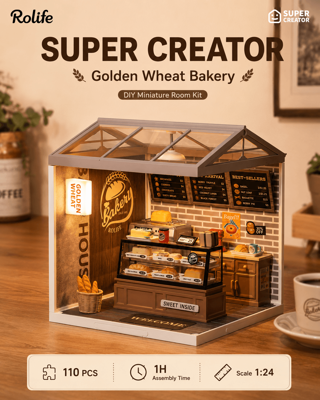 Rolife Golden Wheat Bakery DW005B overview graphic with 110 pieces, 1 hour assembly time, and 1:24 scale