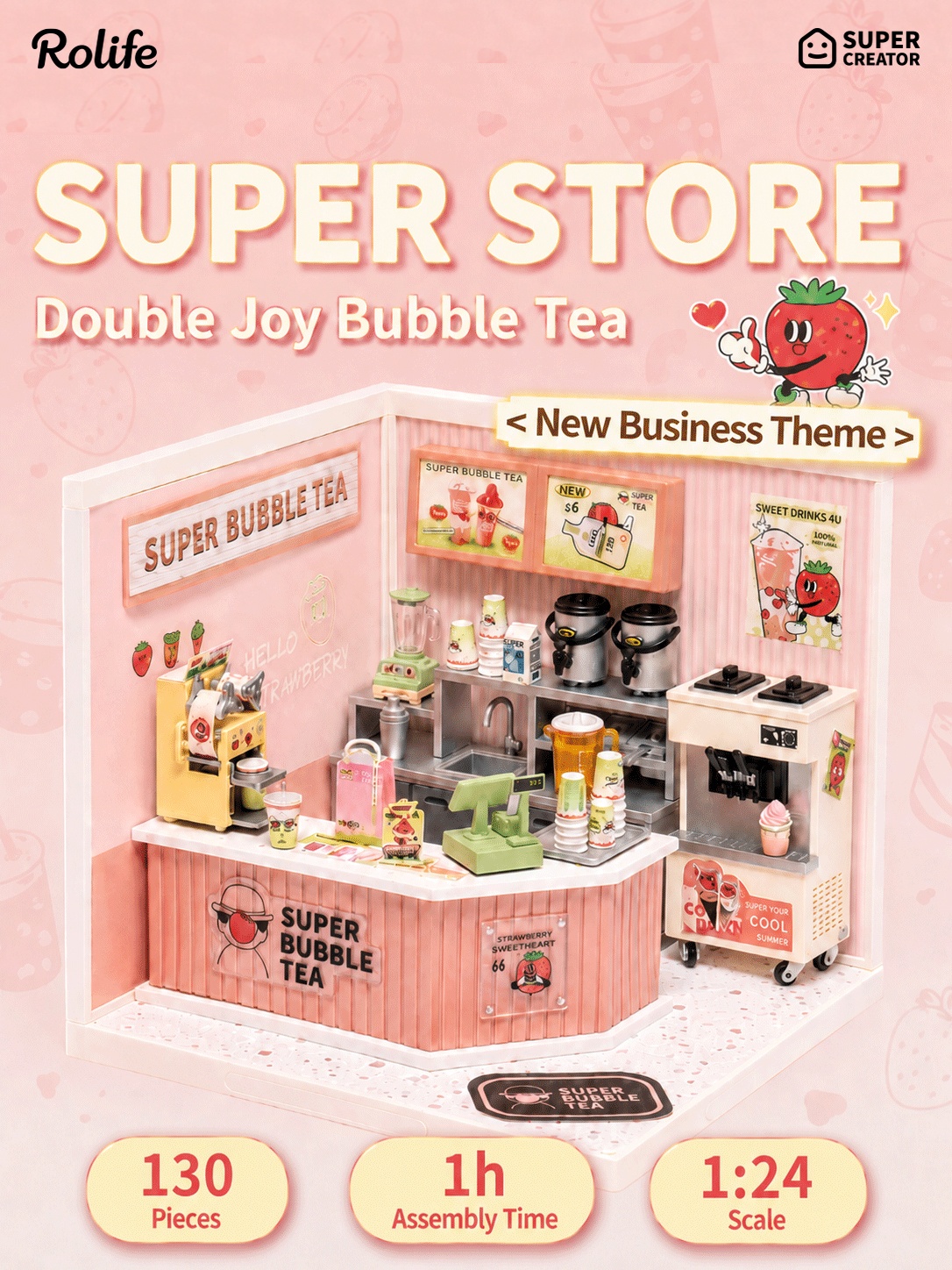 Rolife Double Joy Bubble Tea DW006 overzichtsafbeelding met 130 stukken, 1 uur montage tijd, en 1:24 schaal