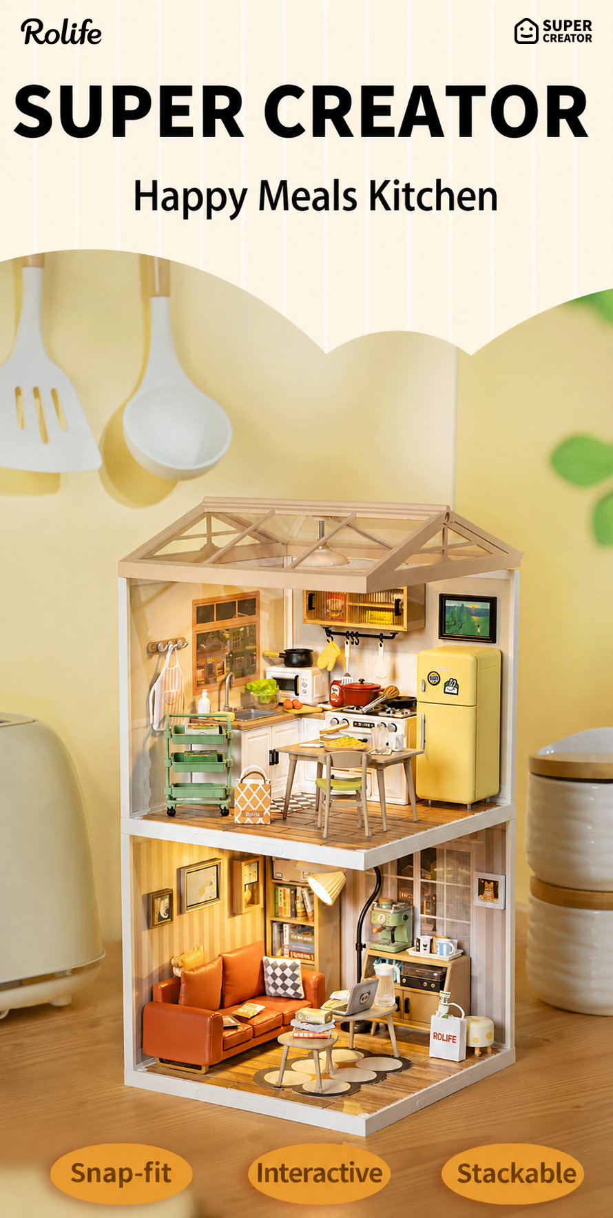 Rolife Happy Meals Kitchen DW008 overzichtsafbeelding die snap-fit, interactieve en stapelbare functies toont
