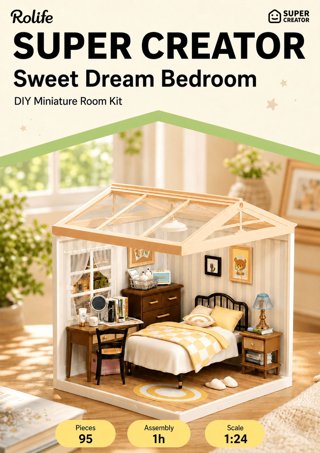 Rolife Sweet Dream Bedroom DW009 overzicht grafiek met 95 stukken, 1 uur montage tijd, en 1:24 schaal