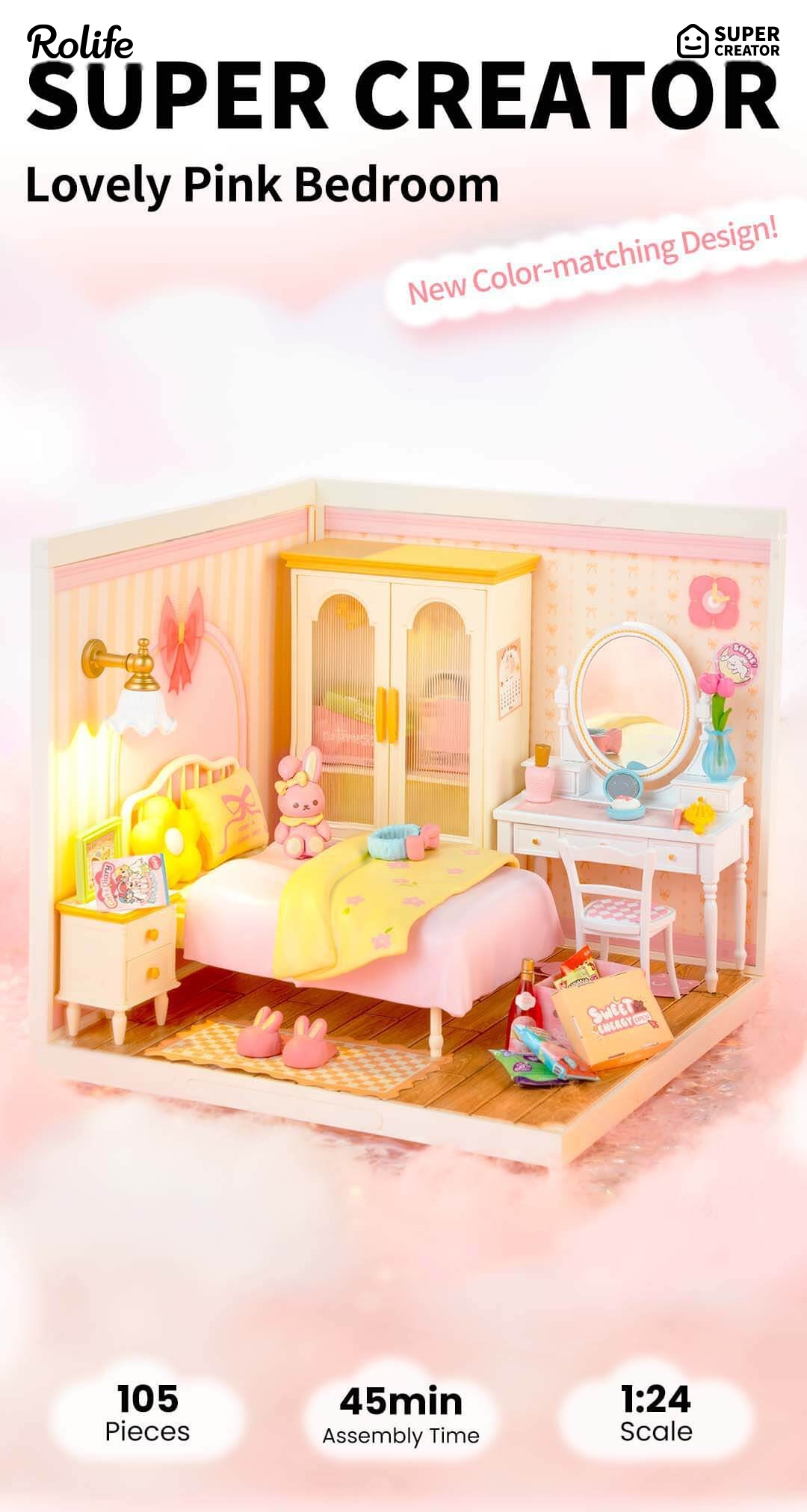 Lovely Pink Bedroom DW016 overview graphic with 105 pieces, 45 minute assembly time, and 1:24 scale shown