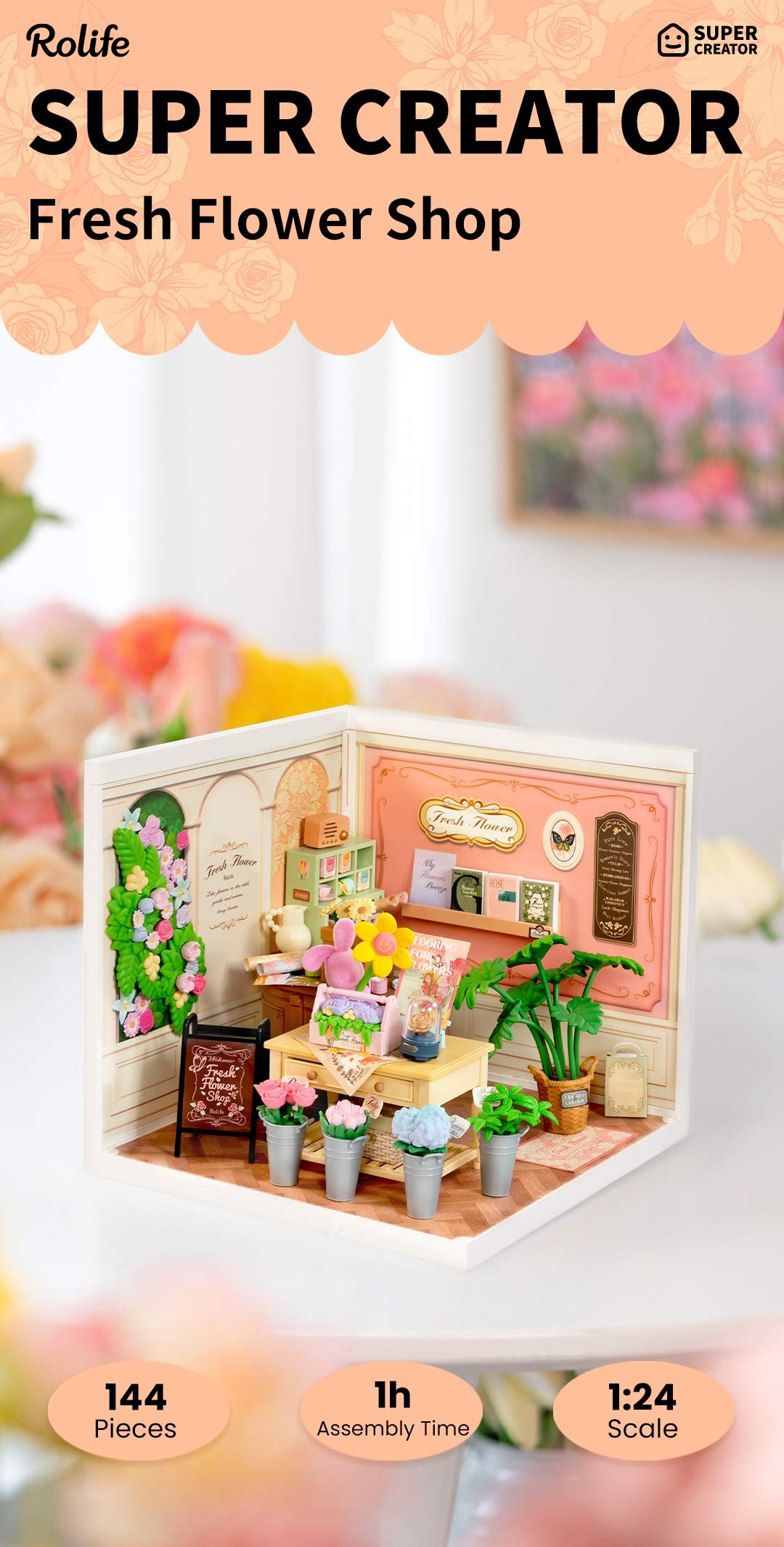 Fresh Flower Shop DW017B overview graphic with 144 pieces, 1 hour assembly time, and 1:24 scale shown