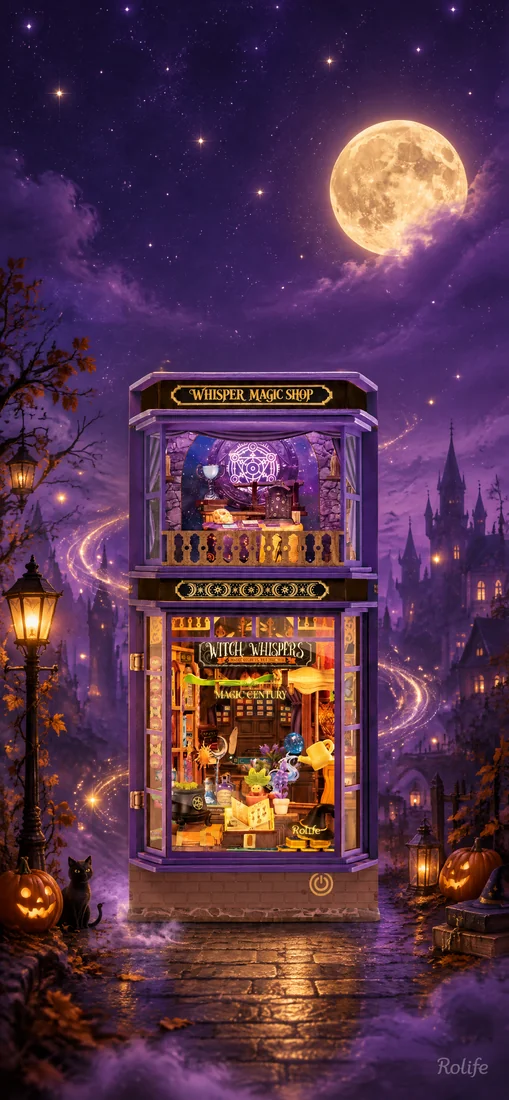 A purple miniature magic shop beneath a full moon and sparkling night sky — phone wallpaper
