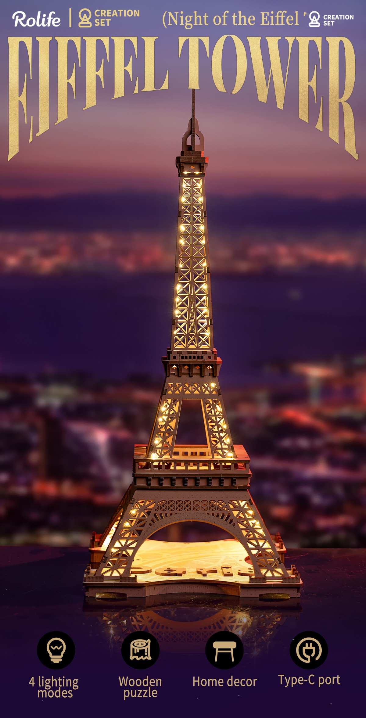 Rolife 3D Wooden Puzzle - Noche de la Torre Eiffel TGL01 gráfico de visión general
