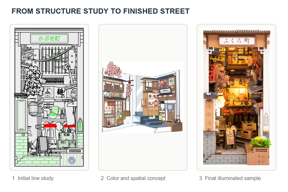 Sakura Wine Alley design journey from line study to color concept and finished illuminated sample