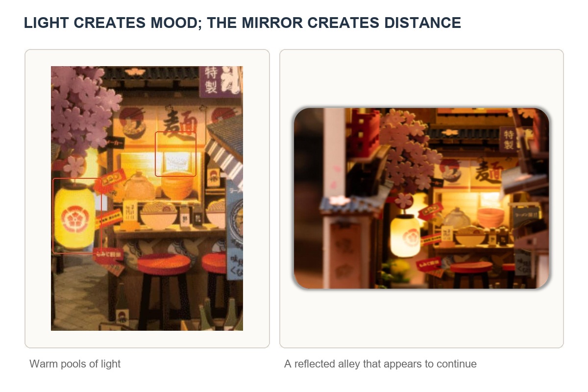 Warm lighting and mirrored perspective inside Rolife Sakura Wine Alley TGB11
