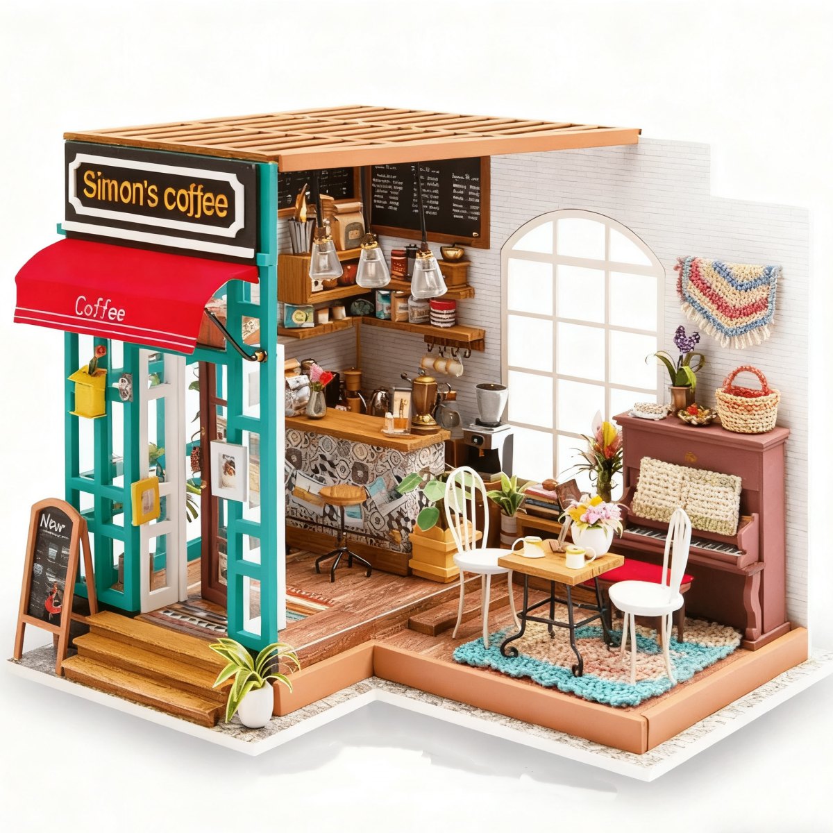 simon's coffee shop with crochet rugs