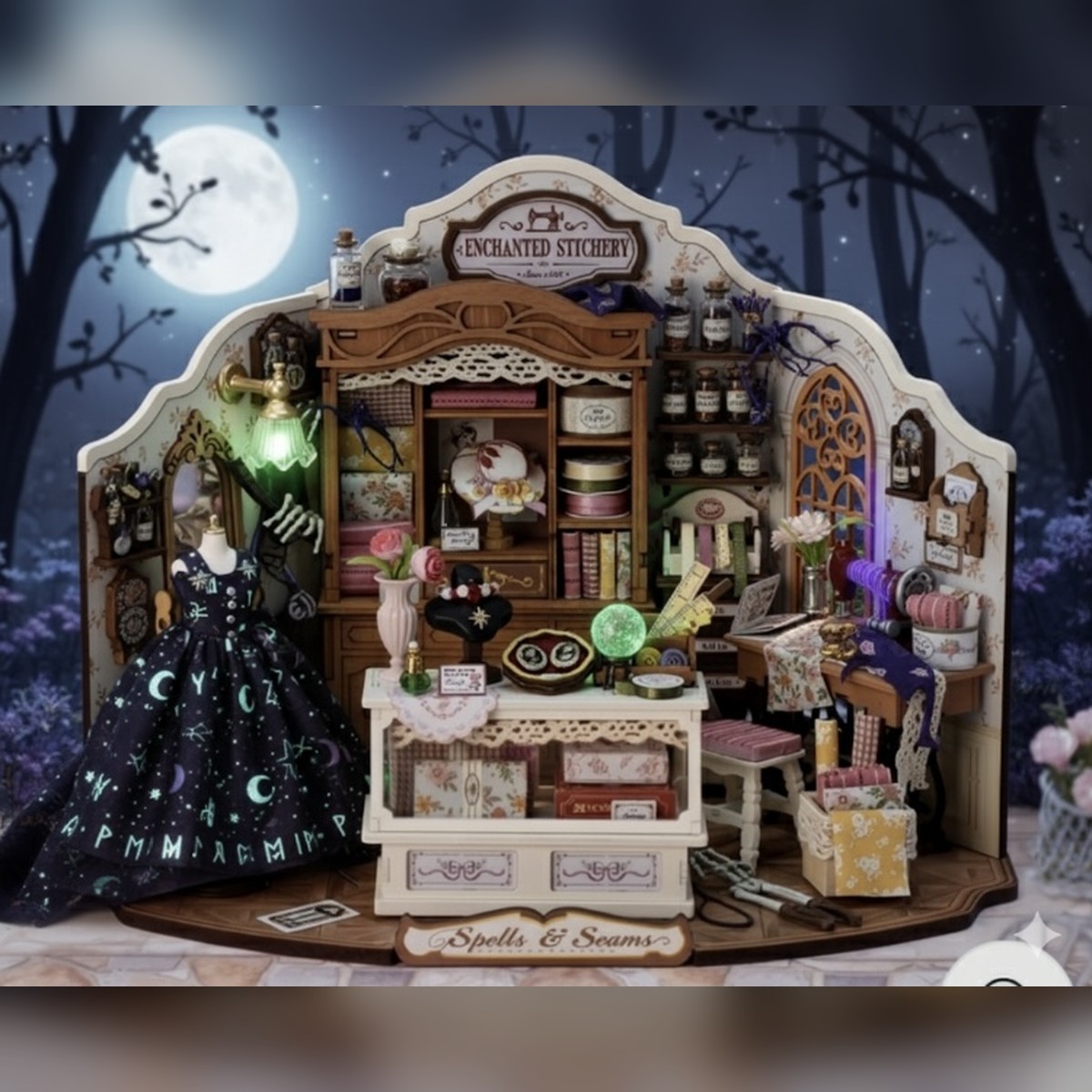 SunnyCee witchy miniature corner glowing with warm Halloween lights