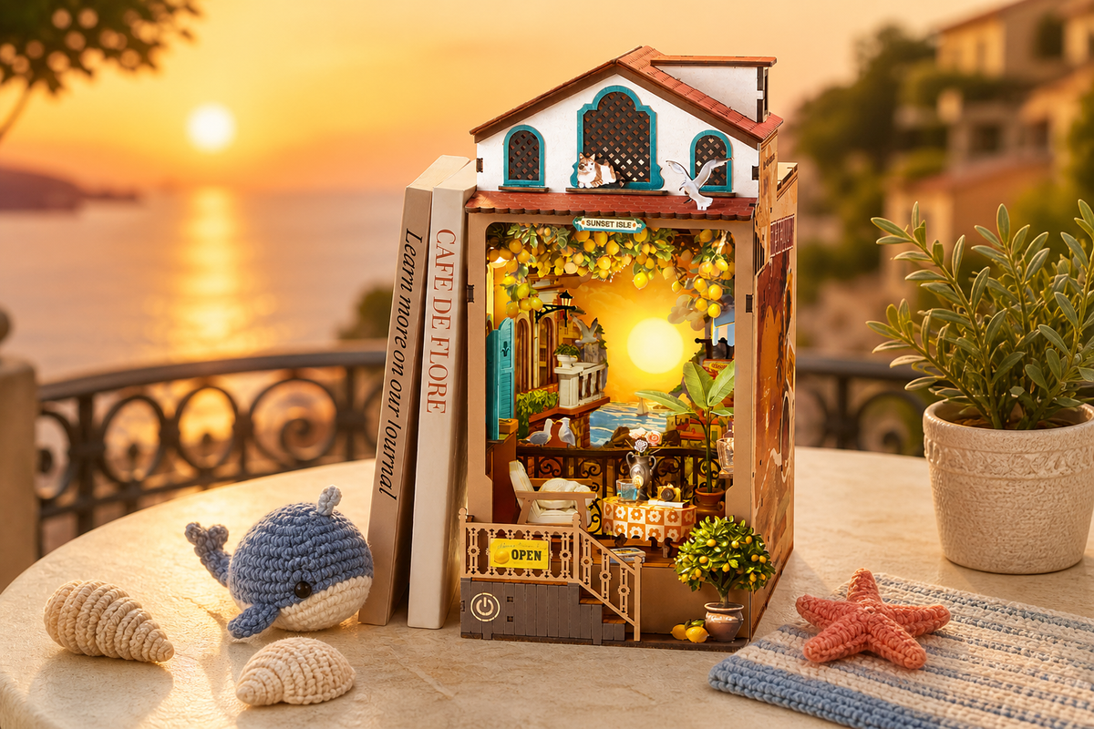 Sunset Isle TGB18 styled with crochet whale, shells, and beach-inspired handmade decorations