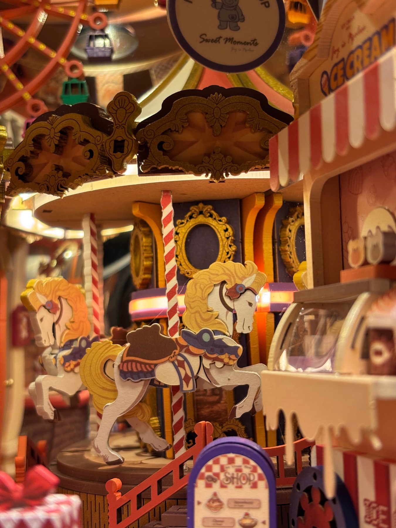 Tina Kaplan's customized Fairytale Amusement Park TGB17 carousel, Ferris wheel, and ice cream shop