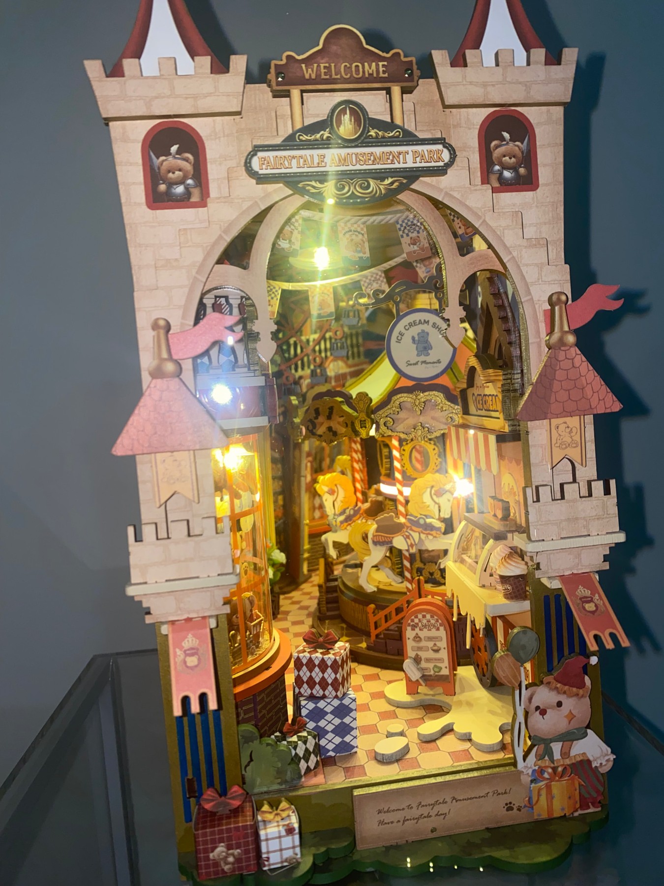 Tricia12's completed Fairytale Amusement Park TGB17 with castle entrance and lights on